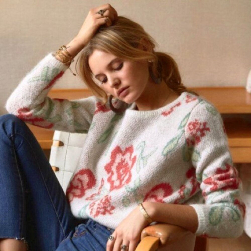 EUC Sezane Romane Floral Sparkle Mohair Wool Sweater Beige Red Small - Picture 3 of 10